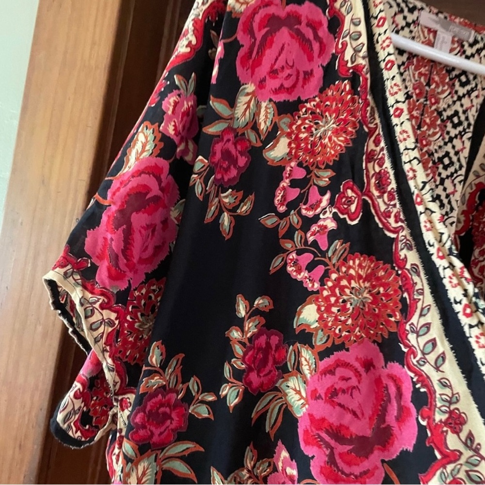 💗Forever 21 Hot Pink Bohemian Floral Rose Print Cardigan Kimono Size X-Small💗 - Picture 3 of 5